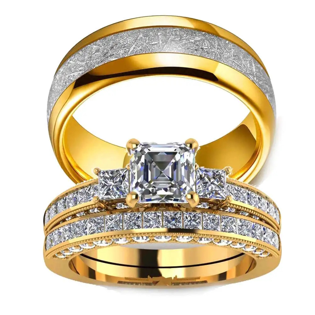 Fashionable couple ring retro stainless steel mens wedding elegant square cut zircon set bride engagement jewelry gift 241210