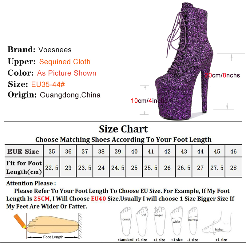 20Cm Glitter Sequined Pole Dance Shoes High Heels Nightclub Platform Ankle Sexy Catwalk Lace Up Women's Boots Plus Size