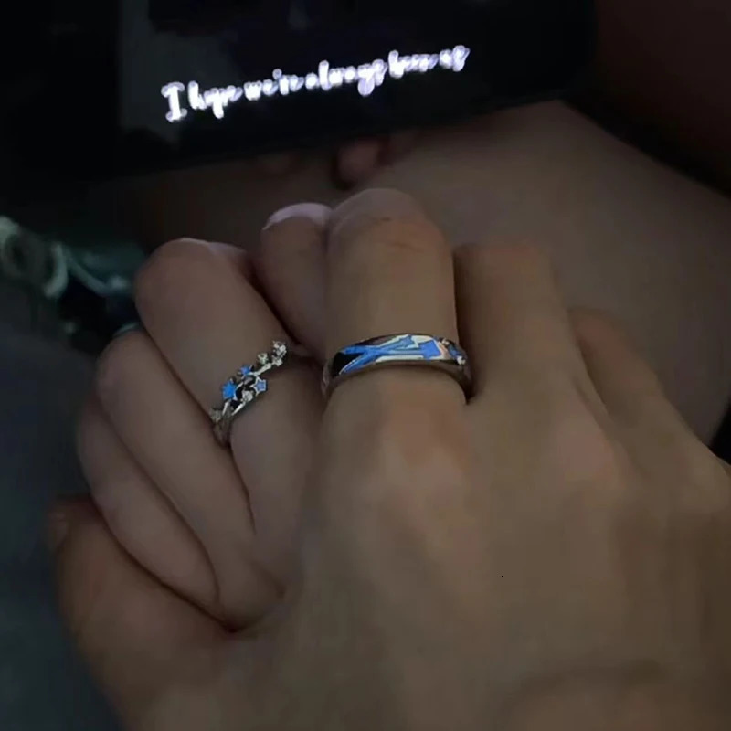 2pc Luminous Star Adjustable Finger Ring Vintage Couple Y2K Jewelry Valentines Day Gift 241210