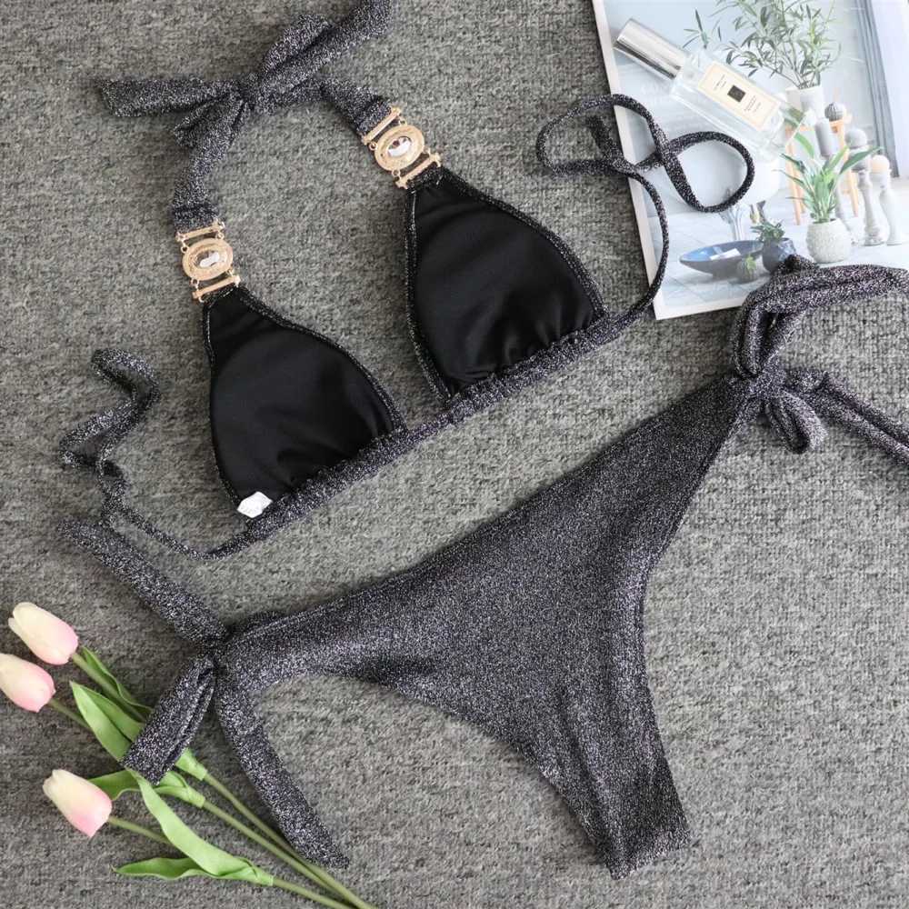 2024 Shiny Rhinestone Bikini Diamond Swimsuit Women Metal Chains Swimwear Fa Two Pieces Bikini Set Halter Bathing Suit SwimXJ241212