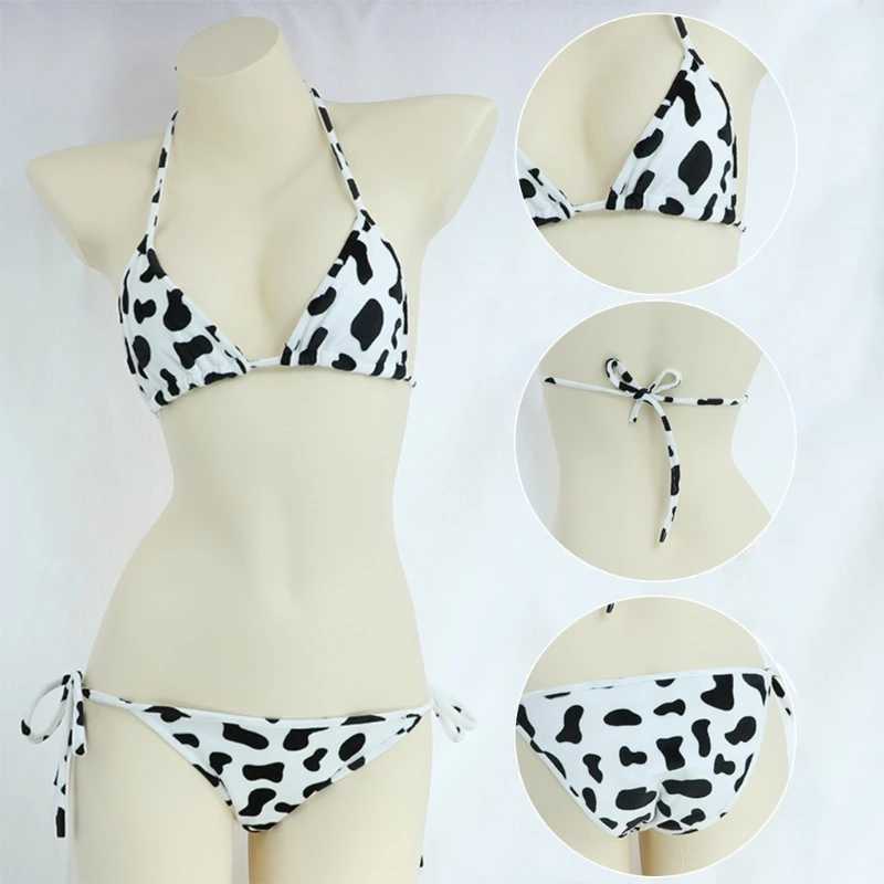 Womens Bikini Set Japanese Sty Cute Milk Cow Dotted Mini Bikini Sets Underwear Halter Neck Bras Top with Bris PantyXJ241212