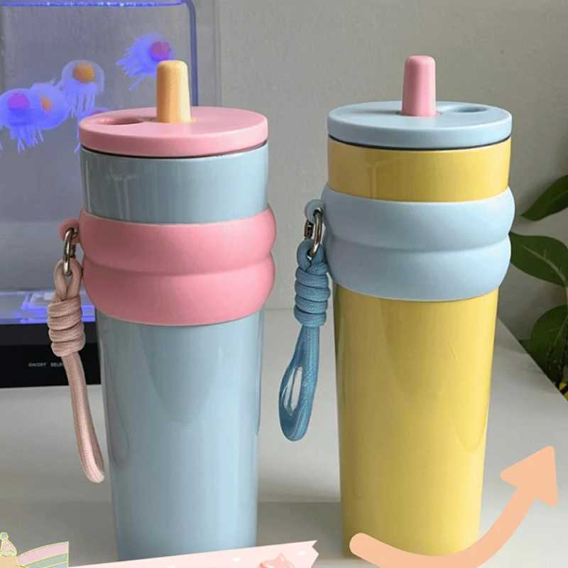 710ml hot g stainless steel vacuum foil inflatable water bottle with straw coffee cup wagon portable Y241211