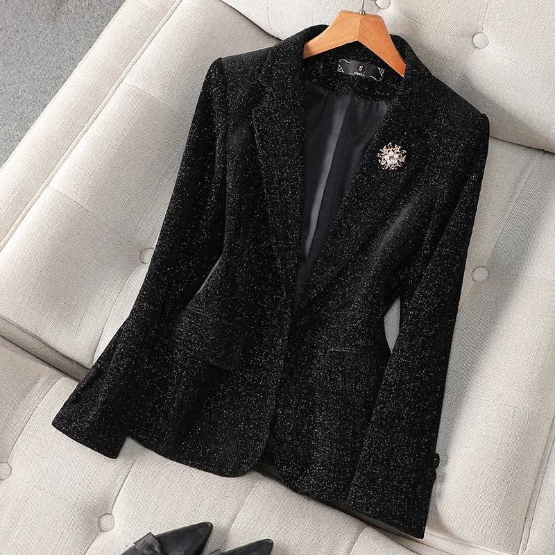 Gorgeous Blazers Women Fashion Slim Golden Velvet Elegant Temperament Blazer Coat Commuting Autumn Winter 241209
