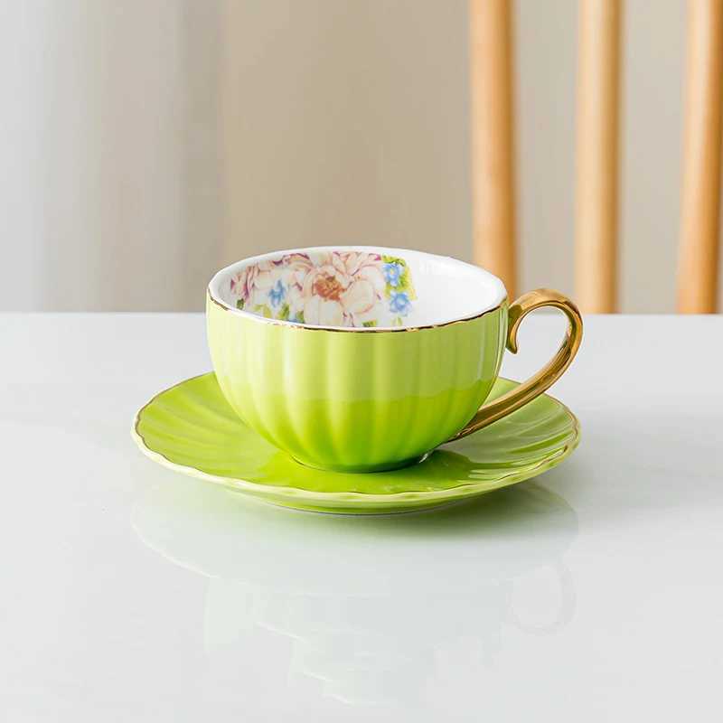 230ml European lightweight luxury ceramic cup and plate afternoon tea gold-plated edge coffee cup plate flower patterned coffee cup set Y241211