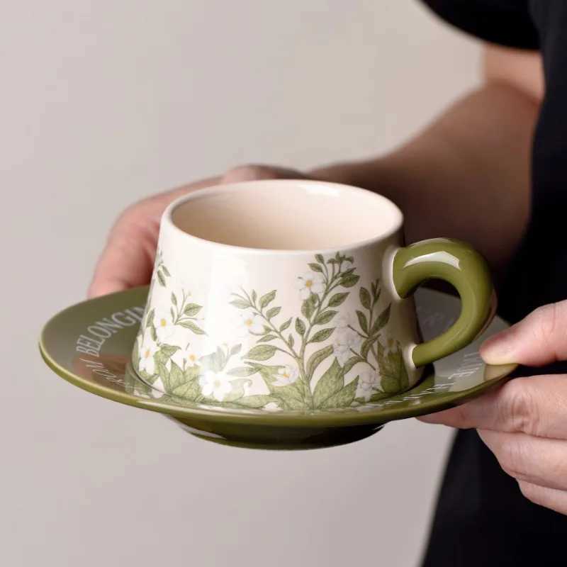 Ceramic GS vintage hand-painted coffee cup green bell orchid cup and sauce kitchen board afternoon tea beverage g Y241211