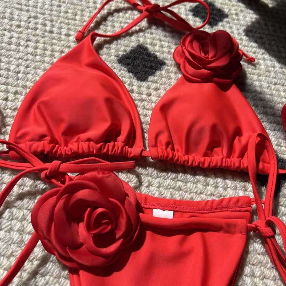 New Summer Women Bikinis Strapss Brazilian Thong Biquini Solid Color Rose Women Two Pieces Bathing Suit Swimsuit BeachwearXJ241212