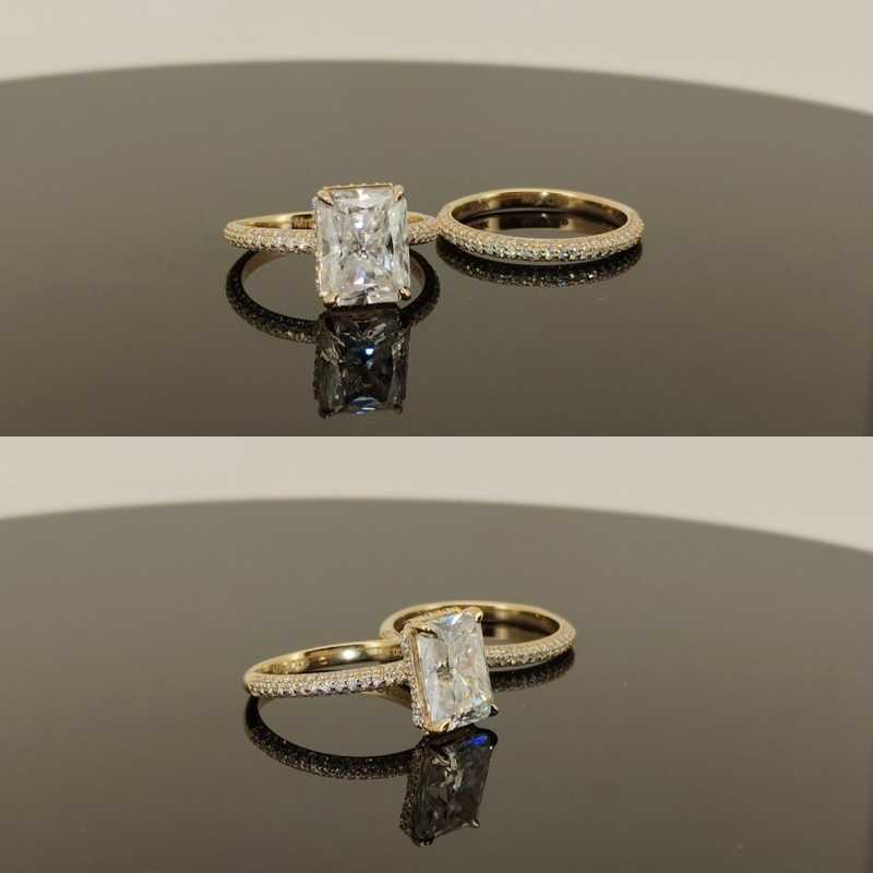 Hot Selling 925 Sterling Silver Gold Plated Moissanite Engagement Wedding Set Rings 4CT Radiant Moissanite Ring