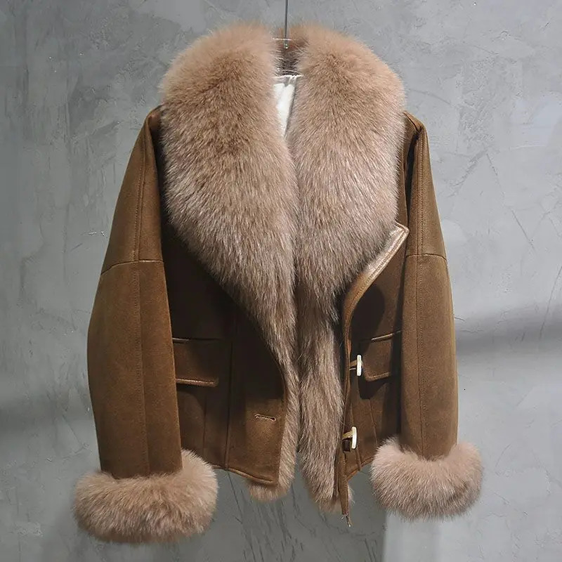 Full leather big fur collar coat womens short 2025 winter padded clothing fashion T790 241212