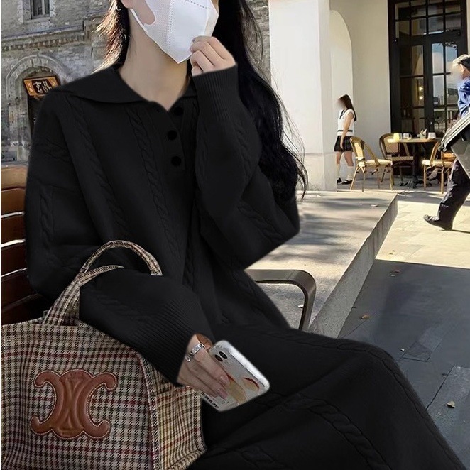 L9232 European and American high-end mid-length knitted dress for women in autumn and winter, large size, thickened and loose bottoming sweater dress