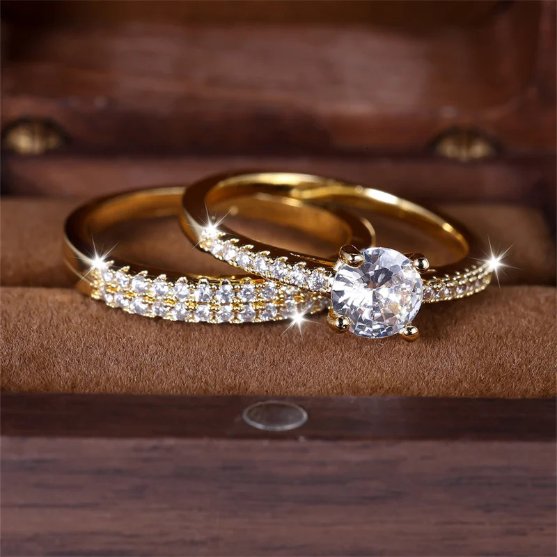 White Zircon Stacked Couple Ring Set 2 Womens Round Gold Bridal Rings Wedding Band Party Jewelry CZ 241210