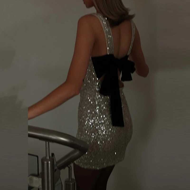 Urban Sexy Dresses Casual O Neck Sequin Slim Evening Dress Sexy Hollow Out Backless Bow Mini Dress Fashion Slveless High Waist Cocktail Dresses Y24121