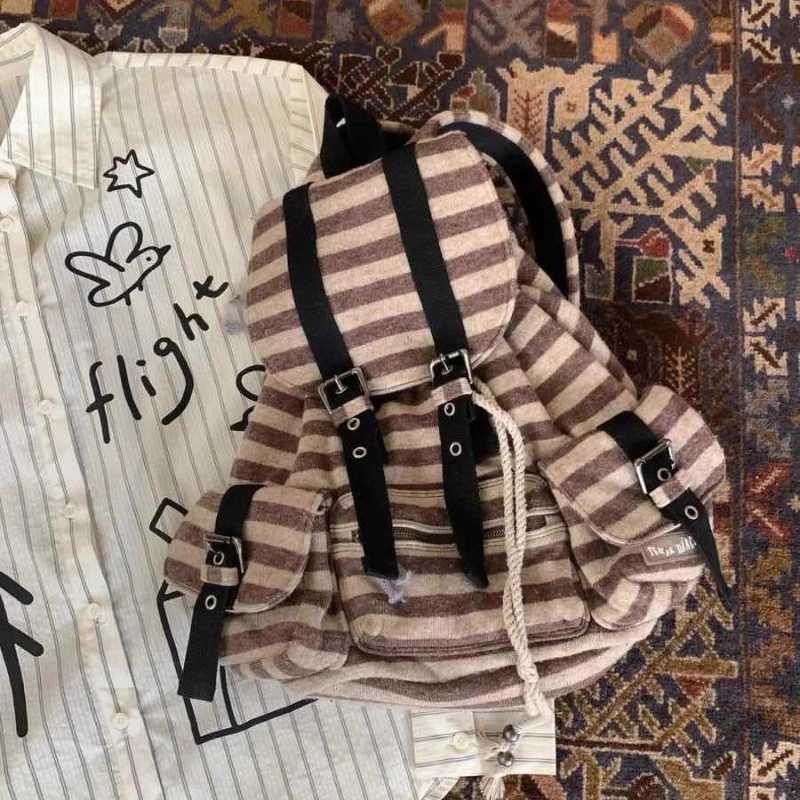 Vintage Y2k Ahetic Casual Backpack Wen Students All Mah Backpacks Ctrast Color Striped Fem Schoolbags Fi Trendy Z241212