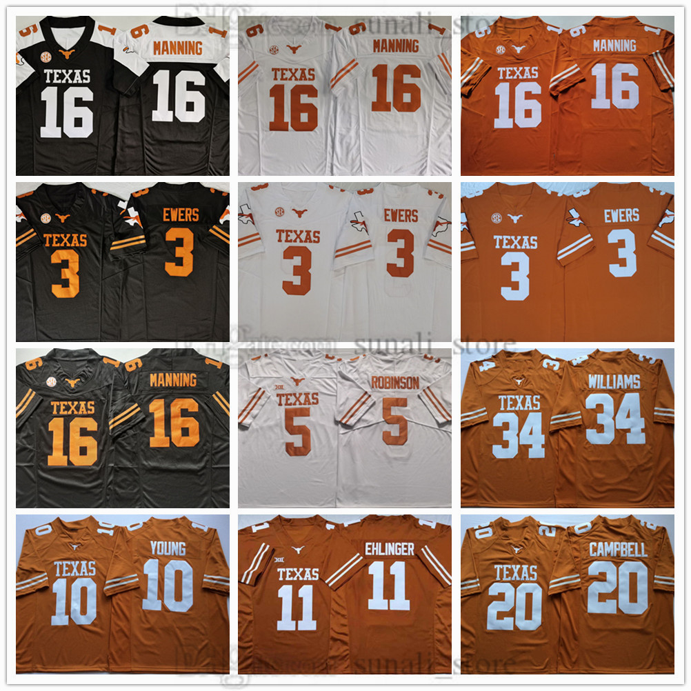 16 Arch Manning Jerseys College Football Texas Longhorns 3 Quinn Ewers 5 Robinson 7 Isaiah Bond 20 Earl Campbell 11 Ehlinger 34 Ricky Williams Men Women Youth Stitched
