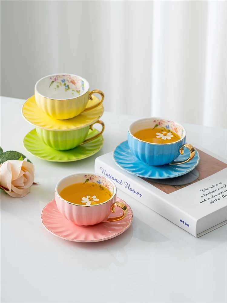 230ml European lightweight luxury ceramic cup and plate afternoon tea gold-plated edge coffee cup plate flower patterned coffee cup set Y241211