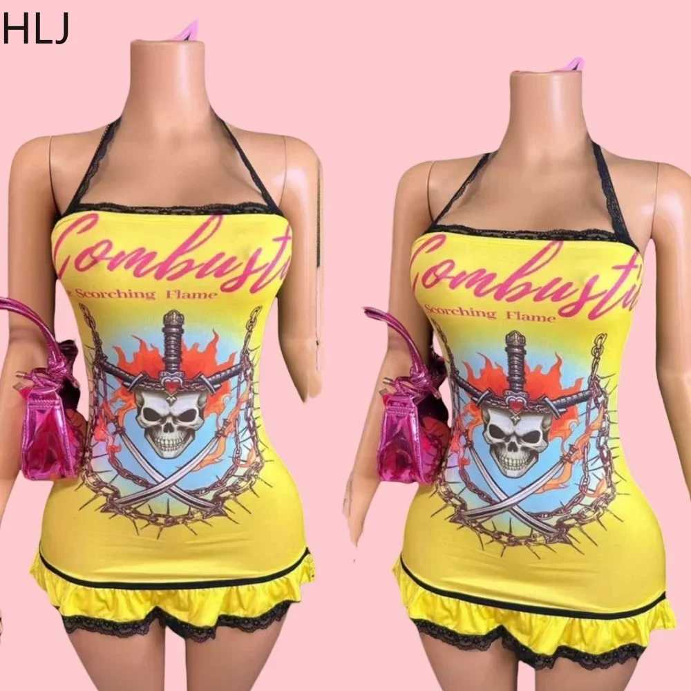 Urban Sexy Dresses HLJ Sexy Letter Pattern Lace Halter Bodycon Mini Dresses Women Slveless Backless Slim Vestidos Fashion Y2K Bandage Strtwear Y241212