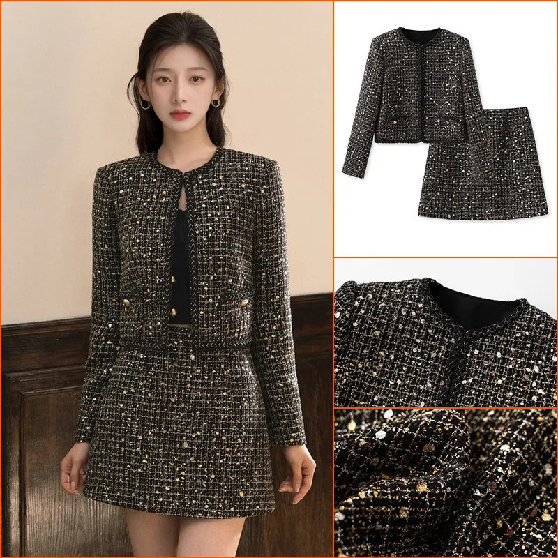 Womens Blingbling Crystal Short Tweed Jacket and Mini Skirt Dress Set Highend Clothing Sequins Early Autumn 3 Piece 241211