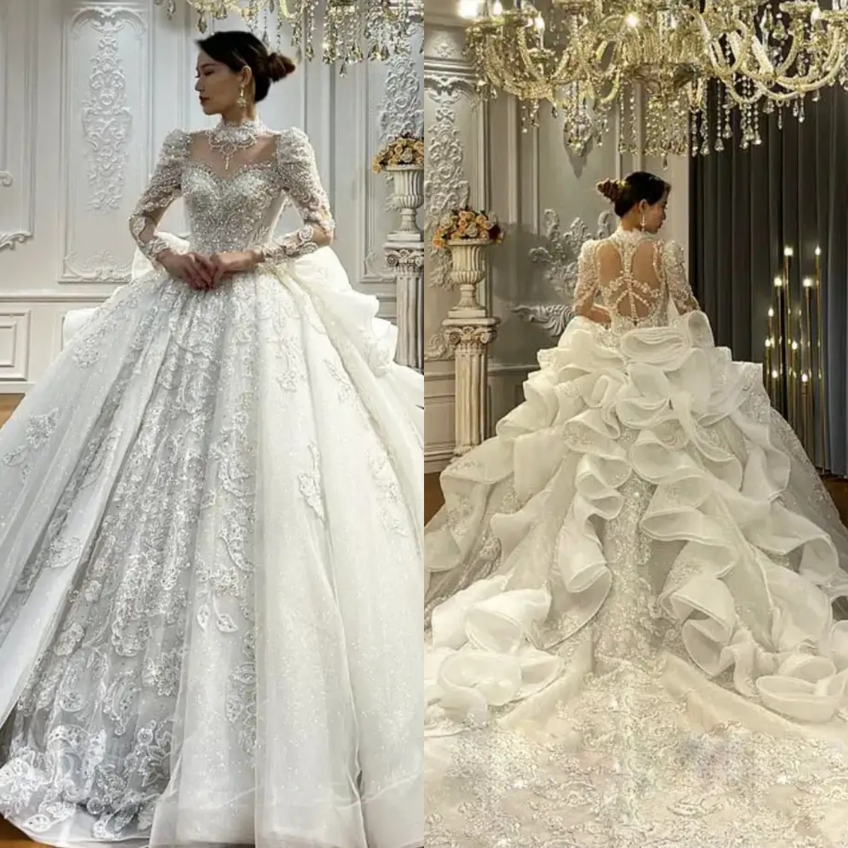 Exquisite High Collar Long Sleeve Dress Sequins Beaded Wedding Gown Court Train Bride Robe Customized Vestido De Novia