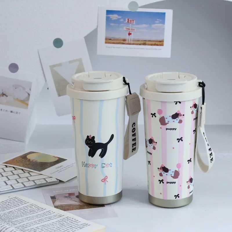 500ML stainless steel inflatable water bottle cartoon ceramic lined coffee cup cute student water cup travel beverage water bottle Y241211