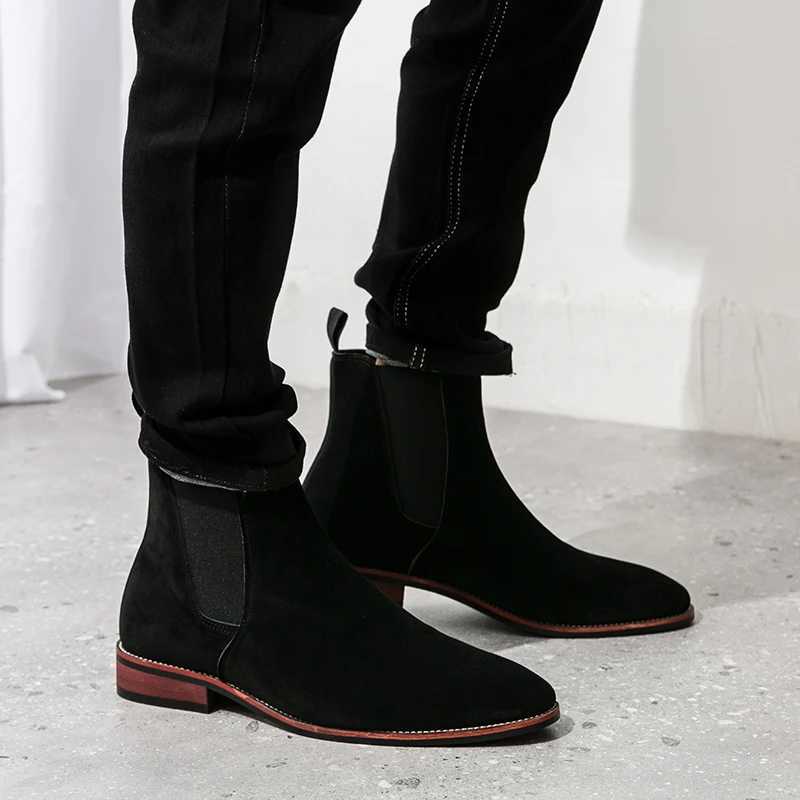 New Chelsea Boots for Men Business Cow Suede Pointed Toe Slip- Solid Mens Formal Boots Size 38-46 Vintage Mens Ankle BootsXJ241212