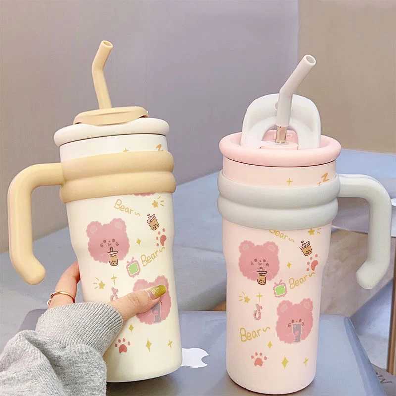 Cute Boba Bear Hot G Kawaii Coffee Cup Large Hot Water Bottle for Tea 700ml Gym Water Bottle with Handle Straw Gift Y241211