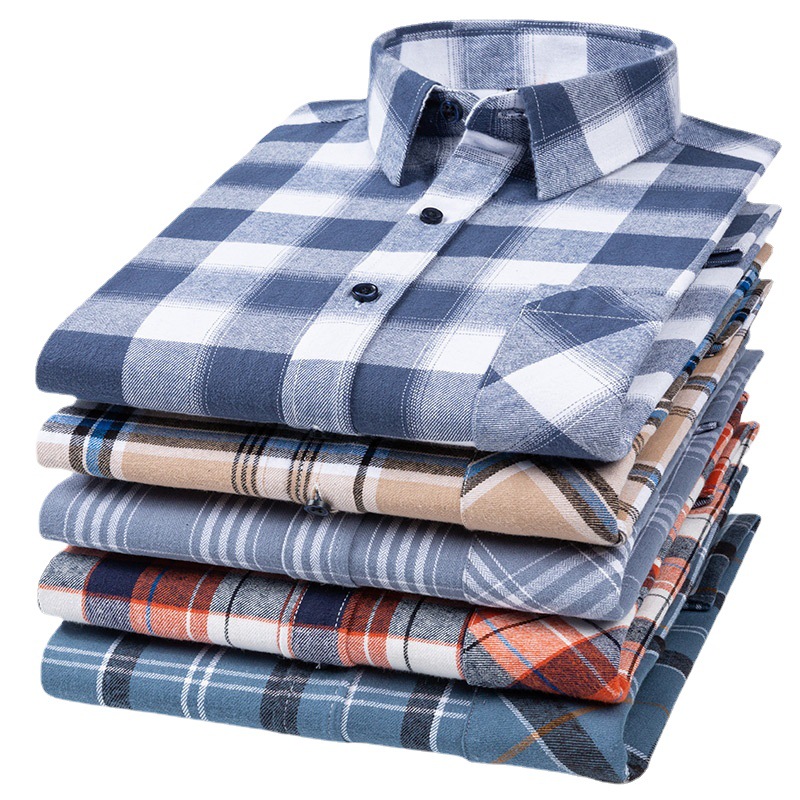 Men's Cotton Polished Plaid Shirt Long Sleeve Autumn Casual Business Pure Cotton Shirt Men Casual Shirts Fashion Tops Coats