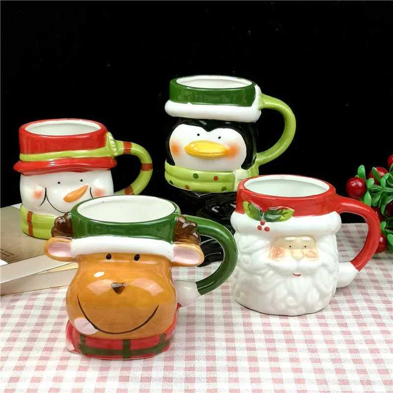 Christmas Cup Cute Cartoon Ceramic Water Cup Santa Claus Elk Snowman Penguin G Coffee Cup Gift Set Newcomer Holding Gift Y241211
