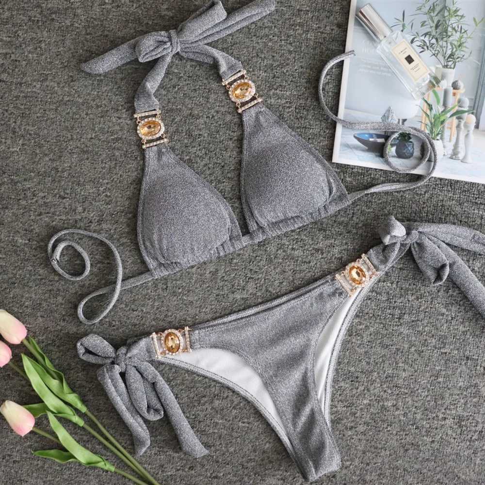 2024 Shiny Rhinestone Bikini Diamond Swimsuit Women Metal Chains Swimwear Fa Two Pieces Bikini Set Halter Bathing Suit SwimXJ241212