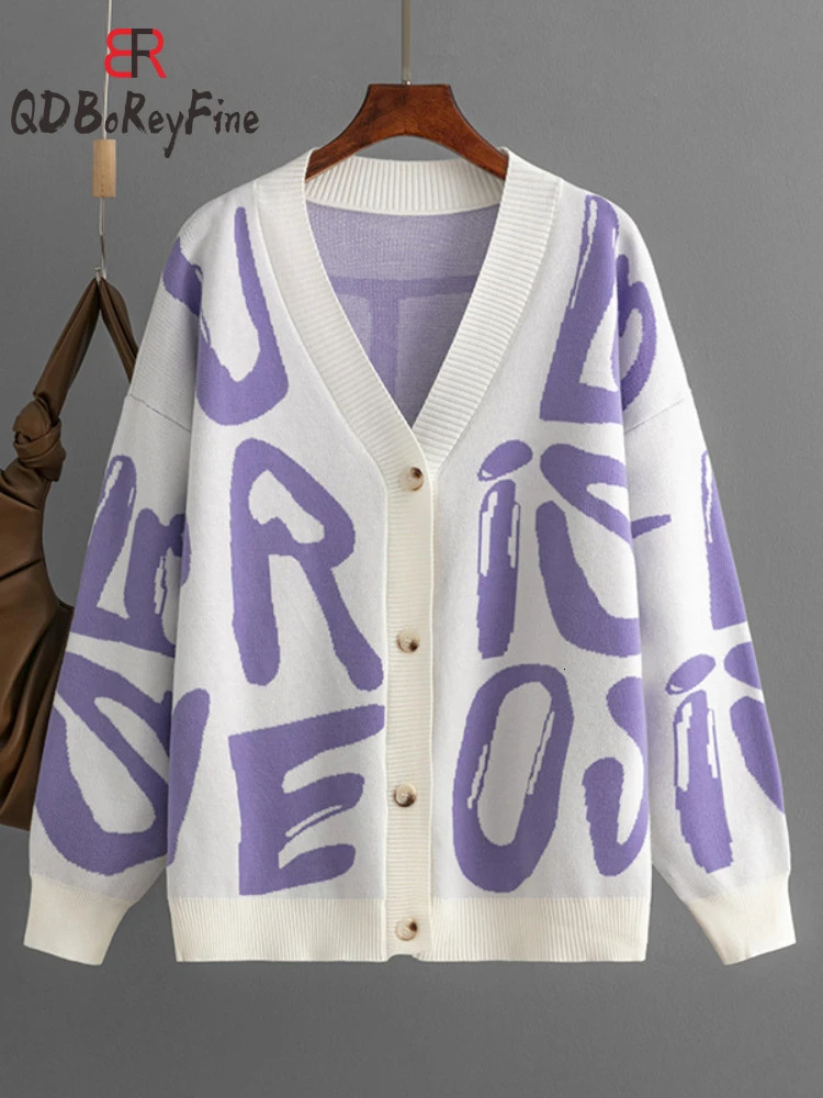 Winter Autumn Women Oversized Cardigan Letter Printed VNeck Korean Fashion Long Sleeve Tops Casual Knitted Sweater for 241211