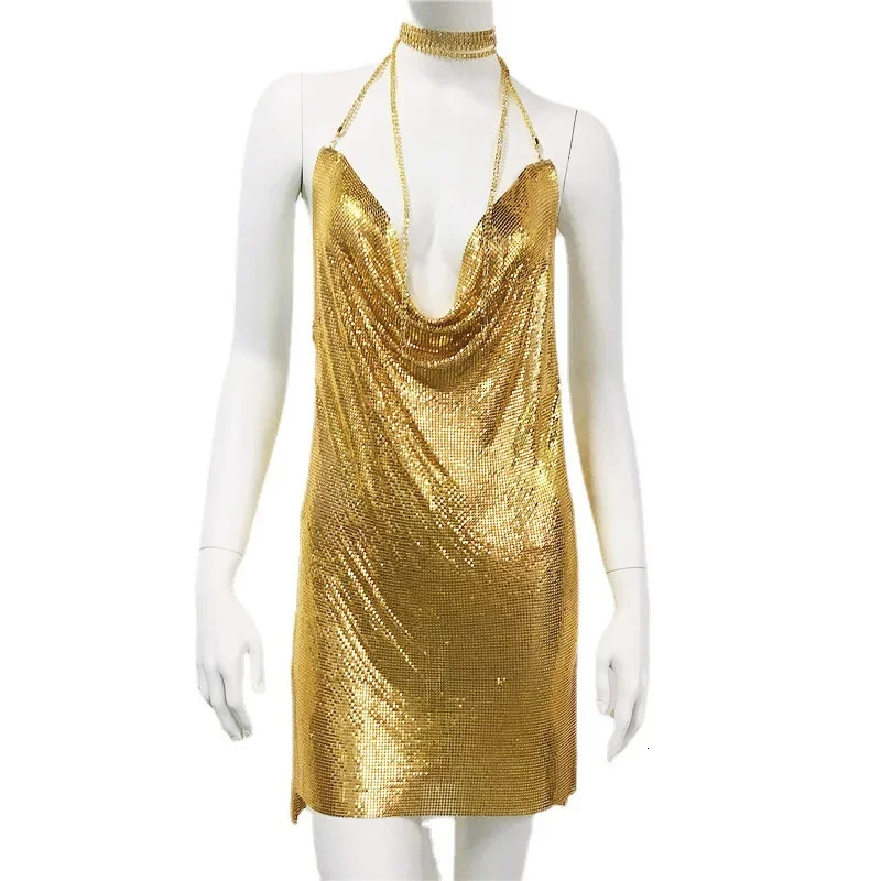 Diamond Halter Metal Party Dresses Sexy Gold Silver Summer Dress Vesitos Backless Sequins Women Dress Drop 241211