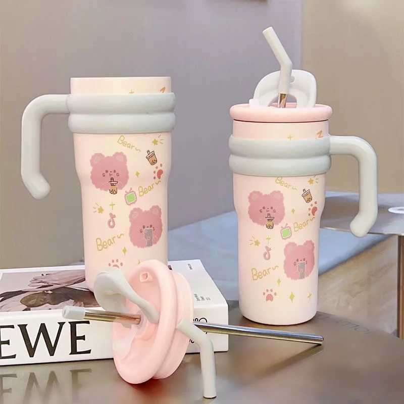 Cute Boba Bear Hot G Kawaii Coffee Cup Large Hot Water Bottle for Tea 700ml Gym Water Bottle with Handle Straw Gift Y241211
