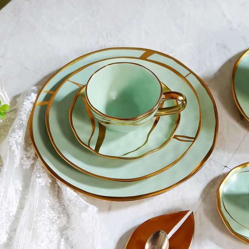 European Style Craft Gold Ceramic Coffee Cup Tableware Set Luxury Cuisine Hotel Western Restaurant Bowl Fruit Pastry Plate Y241211