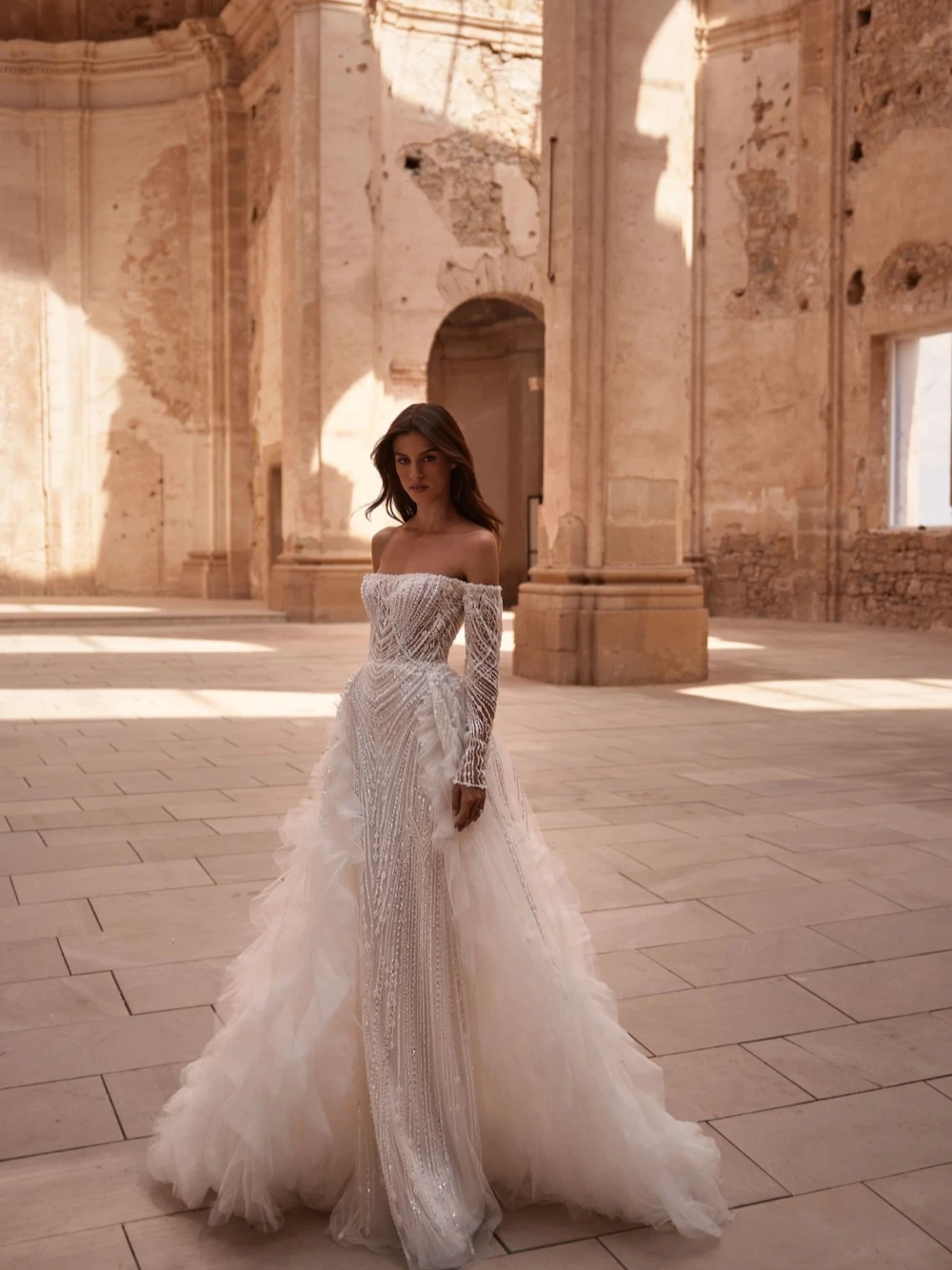Off The Shoulder Bridal Dress Sequins Pearls Wedding Long Sleeves Ball Gown Detachable Train Vestido De Novia