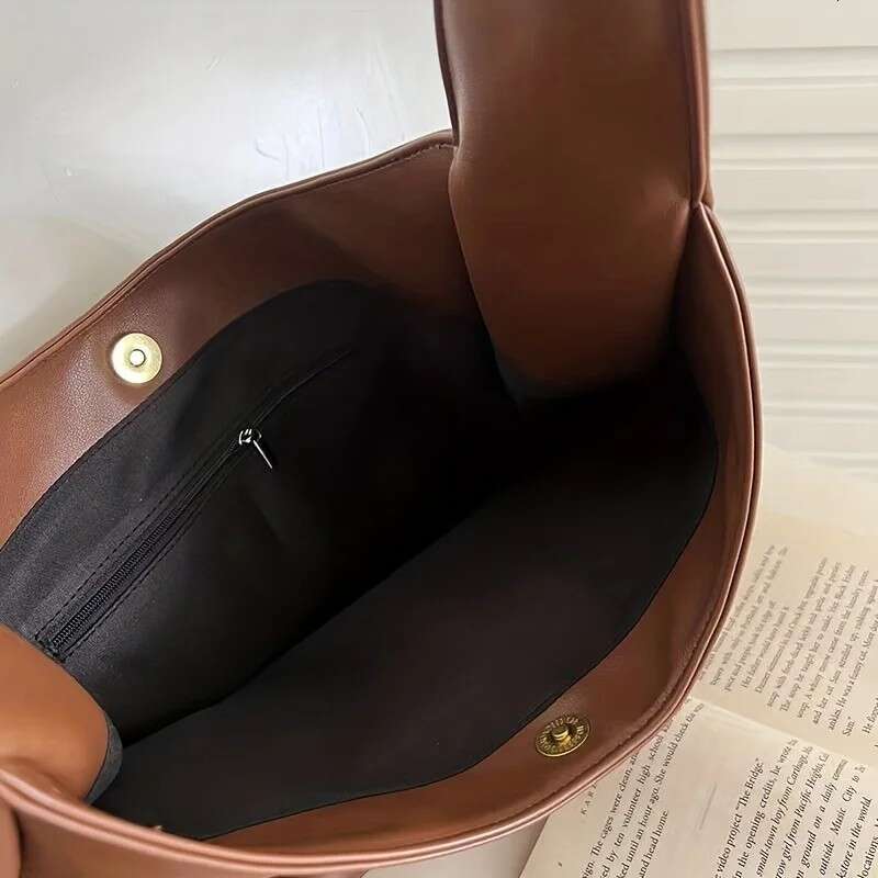 Women's Hobo simple PU leather solid shoulder bag, fashionable large capacity handbag, suitable for school assignments,-ll