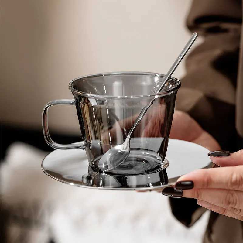250ml coffee cup and plate set retro light smoke gray transparent coffee cup afternoon tea cup set with spoon Y241211