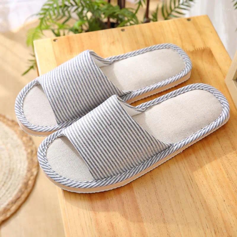 Slippers 2024 All Seasons Women's Linen Men Comfortable Slides Adults Open Toe Soft Flats Silent Home Sandals Couples Shoes