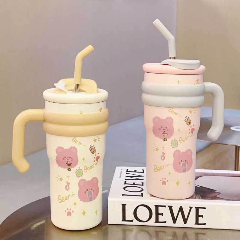 Cute Boba Bear Hot G Kawaii Coffee Cup Large Hot Water Bottle for Tea 700ml Gym Water Bottle with Handle Straw Gift Y241211