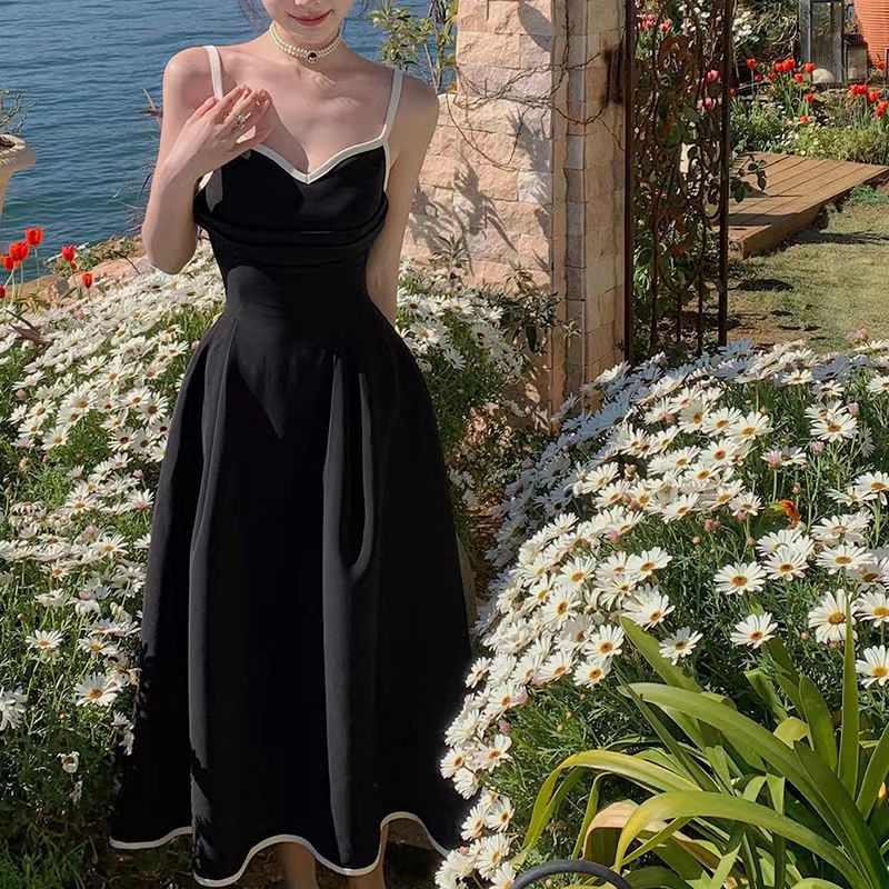 J161 Fashion French Elegant High-grade Dress Spring and Summer Large Size Hepburn Style Retro Suspender Long Dress Women