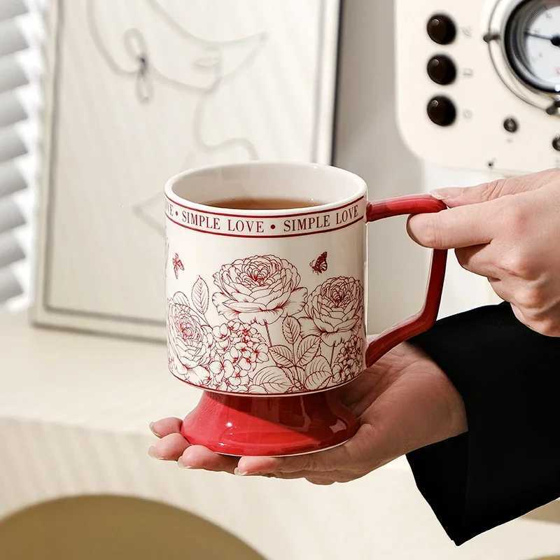 Flower patterned ceramic g 430ML vintage ceramic water bottle rose garden style coffee tea cup Y241211