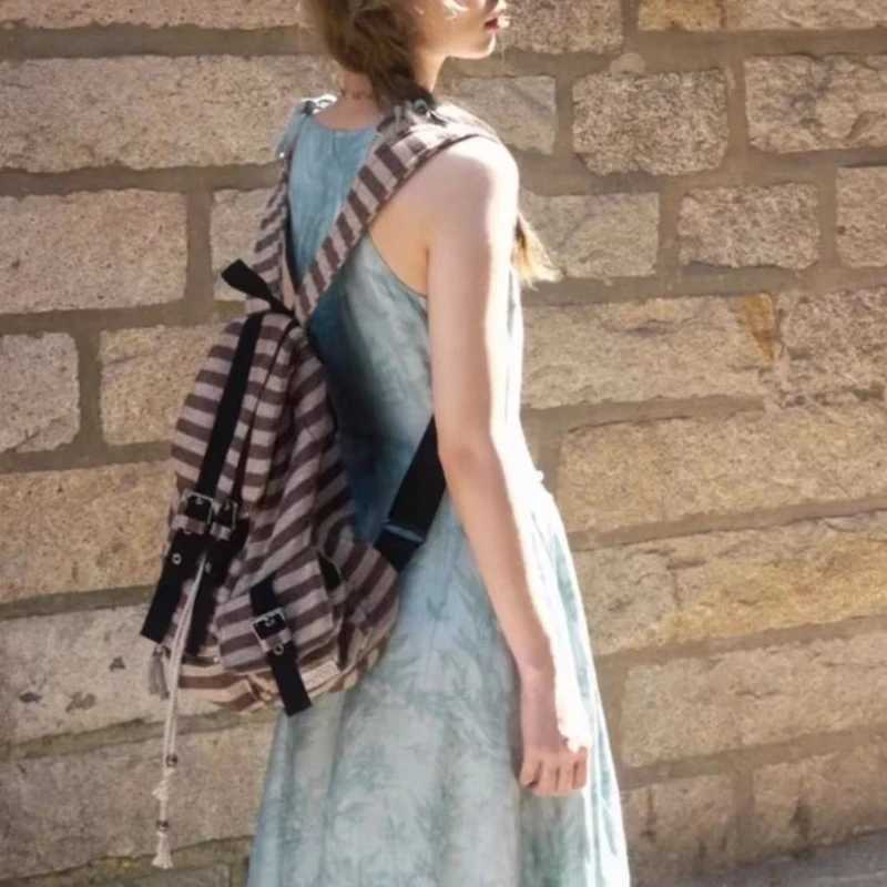 Vintage Y2k Ahetic Casual Backpack Wen Students All Mah Backpacks Ctrast Color Striped Fem Schoolbags Fi Trendy Z241212