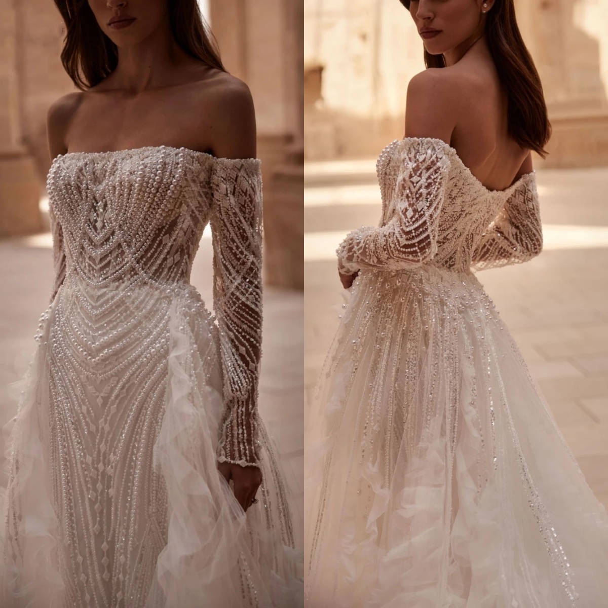 Off The Shoulder Bridal Dress Sequins Pearls Wedding Long Sleeves Ball Gown Detachable Train Vestido De Novia