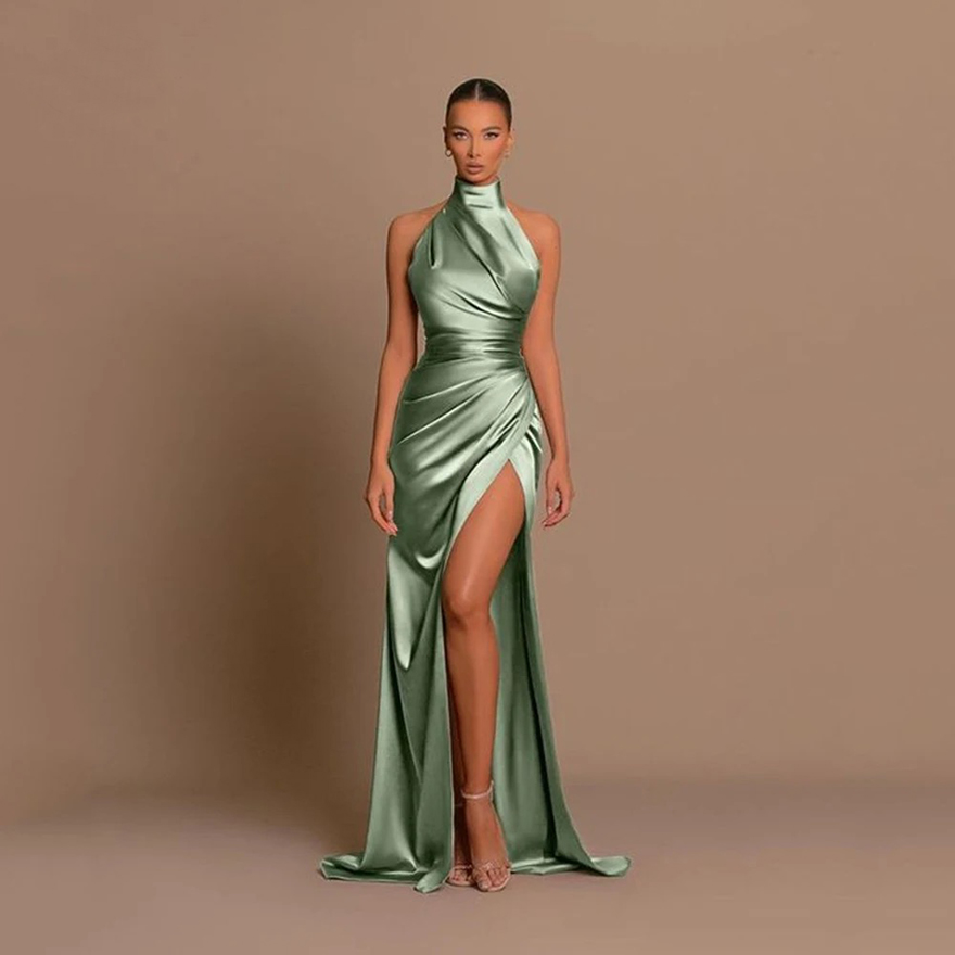 Halter Bridesmaid Dresses For Women 2024 Elegant Satin Prom Dress with Split Long Ruched Evening Party Gowns