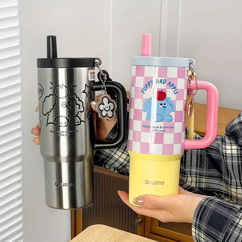 1Pc Couple Cute Dog Hot Cup 800ml Large Capacity Suitable for Students and Non Workers Holding Coffee Cup with Handle Straw Pendant Y241211