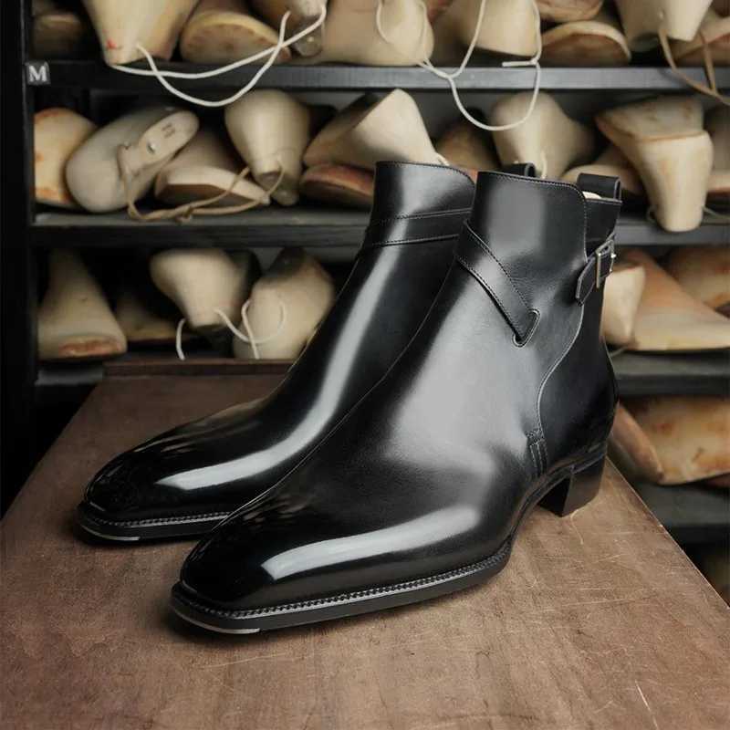 New Brown Short Boots for Men Black Buckle Strap Fi Ankle Boots Business Square Toe Men BootsXJ241212