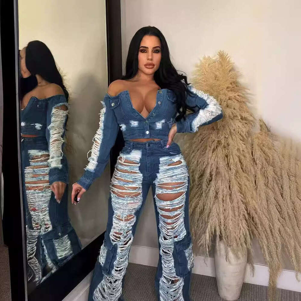 Summer European And American Women's Clothing New Fashion Casual Pocket Hole Straight Leg Pants Jeans