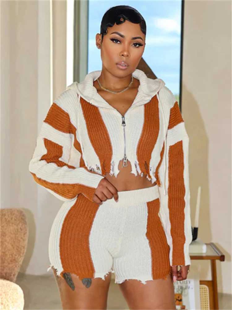 Women's Two Piece Pants WLWXR Winter Striped Ripped Knit 2 Piece Set Casual Outfits For Women 2024 Hooded Tassel Cropped Cardigan+Shorts Matching