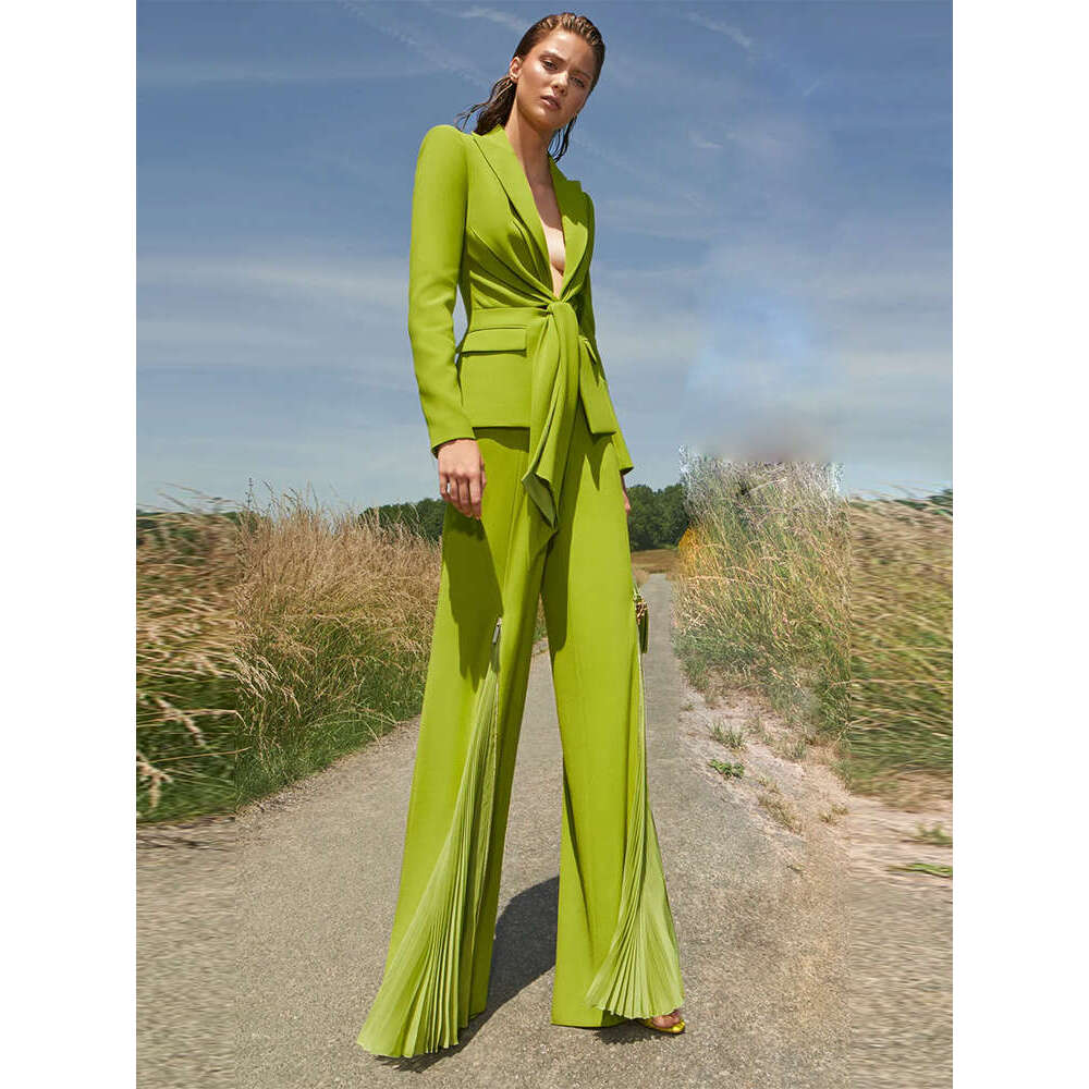 Ladies' Suit HIGH QUALITY Newest Fashion Designer Runway Suit Women's Belted Blazer Jacket Wide Leg Pleated Pants Set Two Pieces