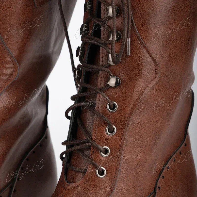 British punk womens shoes retro knight boots medieval PU leather ankle boots fashionable womens role-playing high heels Botas 241213