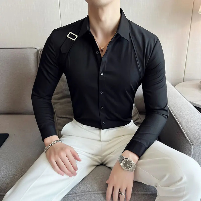 Strap Decorative Shirt Mens Clothing 2024 Korean Long Sleeved Slim Fit Casual Shirts Nightclub Prom Show Dress Shirt 241213bj