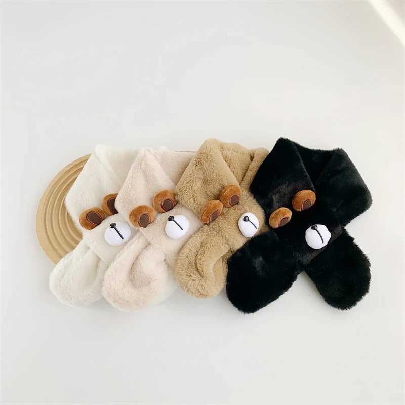 Scarves Wraps Cartoon Plush Baby Scarf Winter Faux Fur Scarves for Toddler Boys Girls Cute Bear Warm Kids Cross Neckerchief H241213