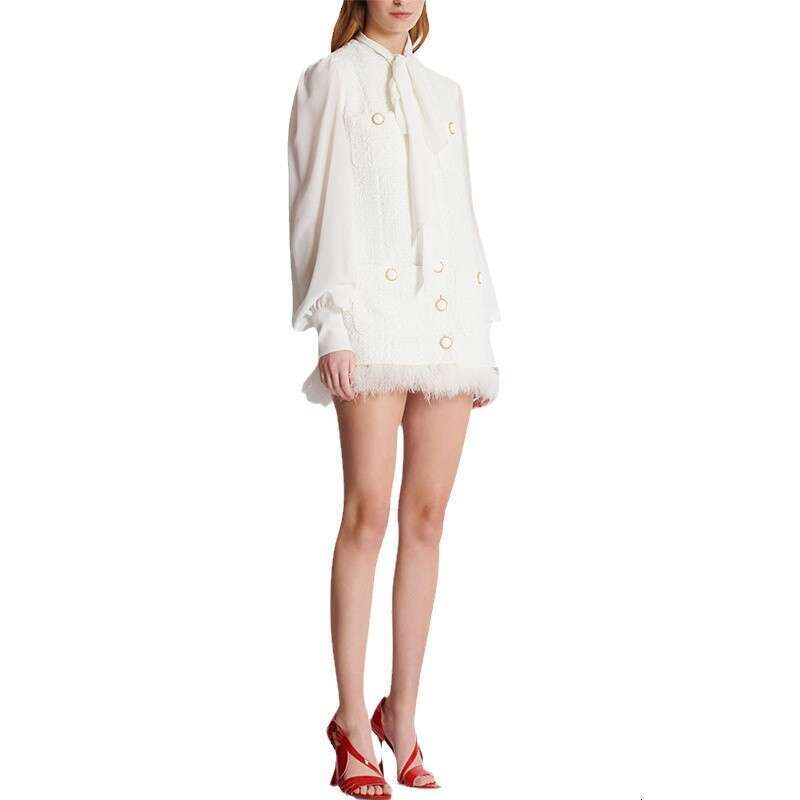 Skirt Set HIGH QUALITY Newest FW Designer Fashion Women's Long Sleeve Feather Chiffon Bow Patchwork Tweed Dress